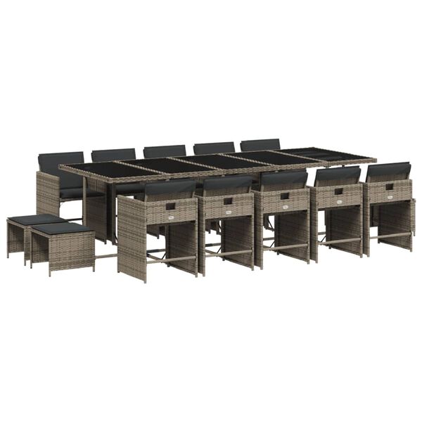 vidaXL Matgrupp f&ouml;r tr&auml;dg&aring;rden med dynor 15 delar gr&aring; konstrotting