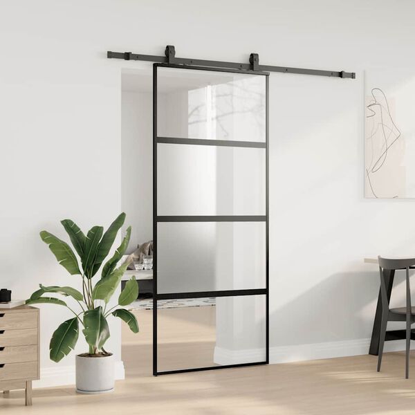 vidaXL Skjutd&ouml;rr med beslagssats svart 90x205 cm h&auml;rdat glas