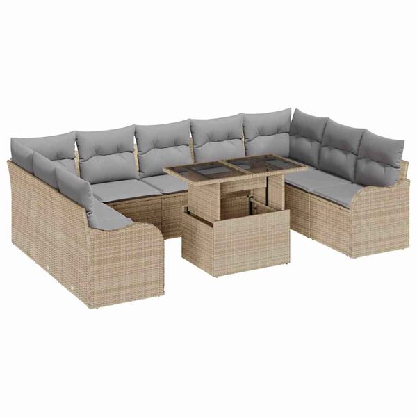 vidaXL Trädgårdsoffset med kudde 10 pcs Beige Poly rattan