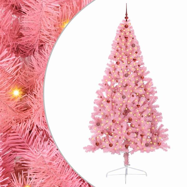 vidaXL Konstgjord F&ouml;rbelyst Julgran med 300 LED-lampor Rosa 240 cm PVC