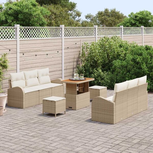 vidaXL Trädgårdsoffset med kudde 9 pcs Beige Poly rattan