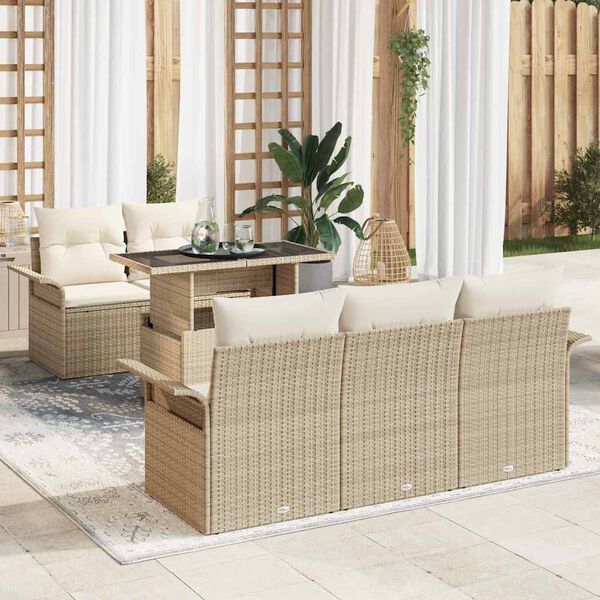 vidaXL Tr&auml;dg&aring;rdsoffset med kudde med lagring 6 pcs Beige Poly Rattan