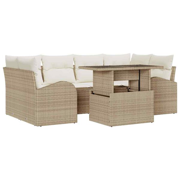 vidaXL Tr&auml;dg&aring;rdsoffset med kudde med lagring 7 pcs Beige Poly Rattan