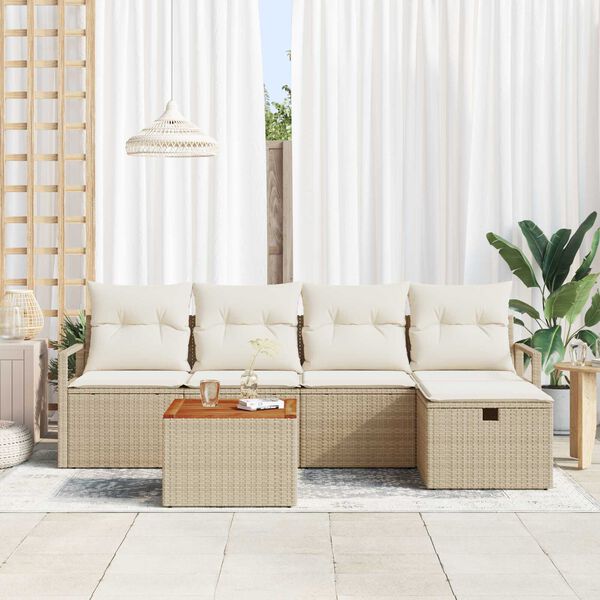 vidaXL Tr&auml;dg&aring;rdsoffset med kudde med lagring 6 pcs Beige Poly rattan