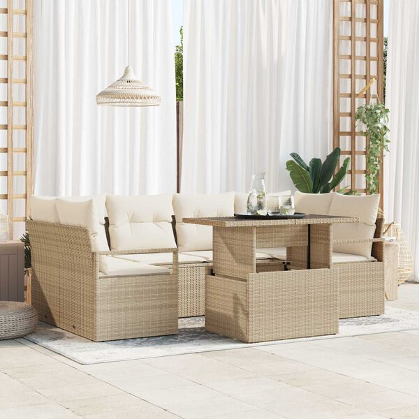 vidaXL Tr&auml;dg&aring;rdsoffset med lagring 7 pcs Beige Poly rattan