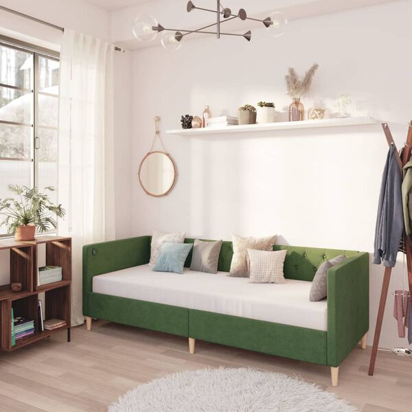 vidaXL Dagb&auml;dd med madrass USB m&ouml;rkgr&ouml;n tyg 90x200 cm