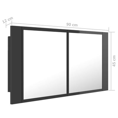 vidaXL Spegelskåp för badrum LED grå högglans 90x12x45 cm akryl