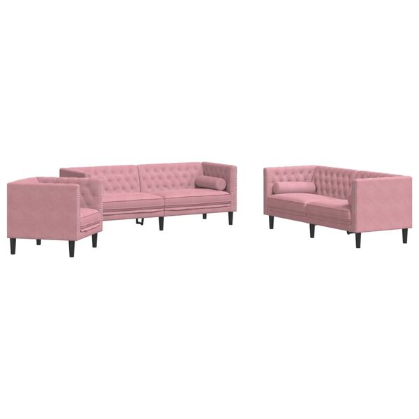 vidaXL Soffgrupp chesterfield 3 delar bolsterkuddar rosa sammet
