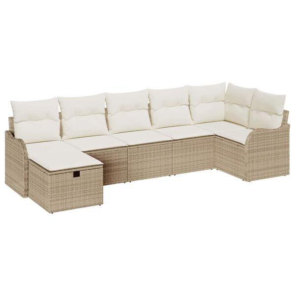 vidaXL Trädgårdsoffset med kudde med lagring 7 pcs Beige Poly rattan