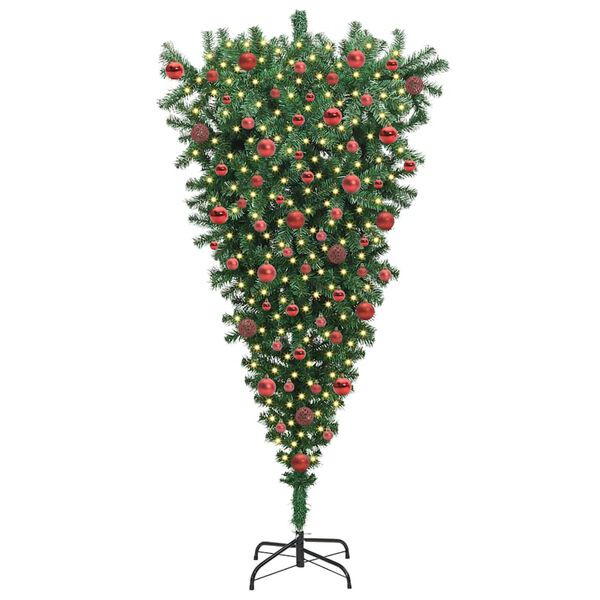 vidaXL Upp-och-ned konstgjord f&ouml;rbelyst julgran med bollset 180 cm PVC