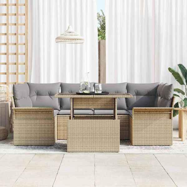 vidaXL Tr&auml;dg&aring;rdsoffset med kudde med lagring 7 pcs Beige Poly rattan