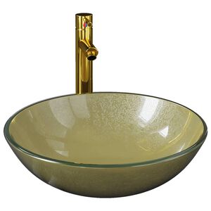 vidaXL Handfat med kran och tryckavlopp guld h&auml;rdat glas