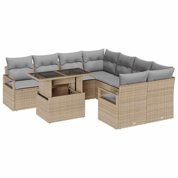 vidaXL Tr&auml;dg&aring;rdsoffset med kudde med lagring 9 pcs Beige Poly rattan