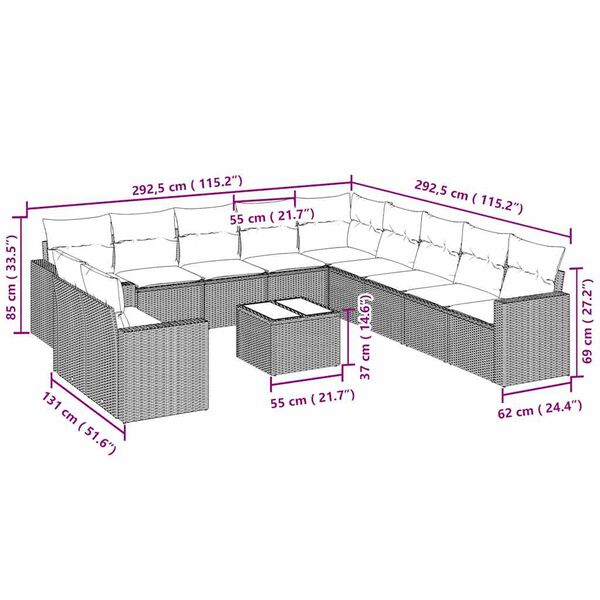 vidaXL Trädgårdssoffset med dynor 12 delar ljusgrå konstrotting
