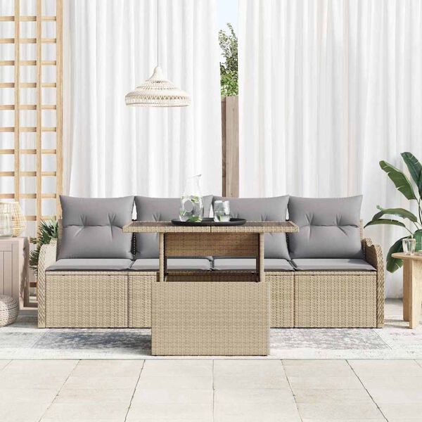 vidaXL Tr&auml;dg&aring;rdsoffset med kudde med kudde 5 pcs Beige Poly Rattan