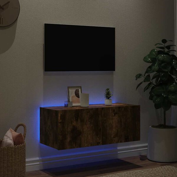 vidaXL V&auml;ggmonterad tv-b&auml;nk LED r&ouml;kf&auml;rgad ek 80x35x31 cm