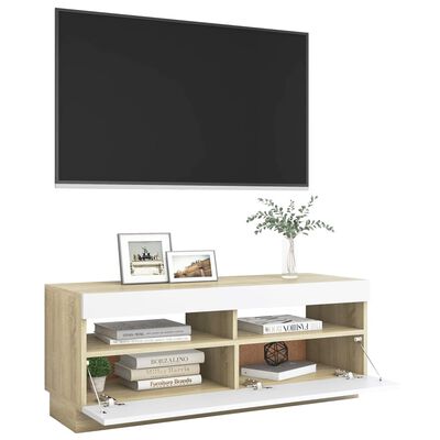 vidaXL TV-bänk med LED-belysning vit och sonoma-ek 100x35x40 cm