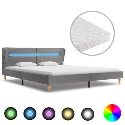 vidaXL Säng med LED och madrass ljusgrå tyg 180x200 cm