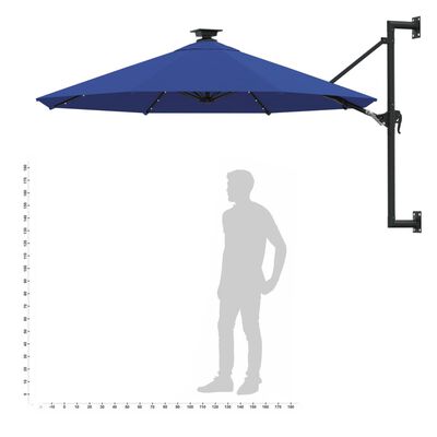 vidaXL Väggmonterat parasoll med LED och metallstång 300 cm blå