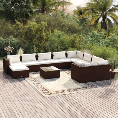 vidaXL Loungegrupp för trädgården m. dynor 11 delar konstrotting brun