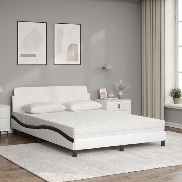 vidaXL Bed with Mattress "Dover" White and Black 140x200 cm Faux Leather