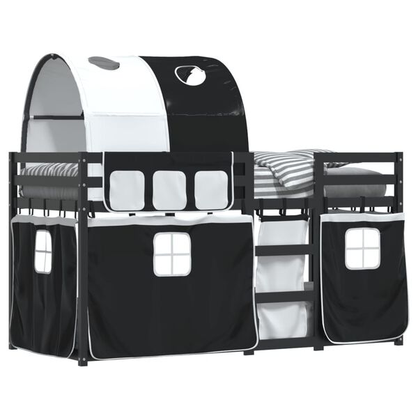 vidaXL Lofts&auml;ng med gardiner vit&svart 90x200 cm massiv furu