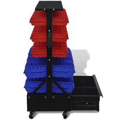Blå & röd förvaringshylla för garageverktyg med låda & hjul