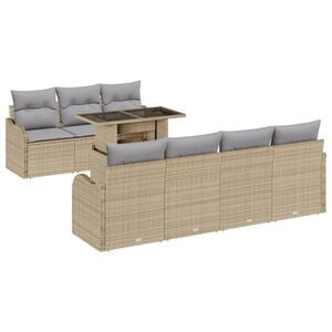 vidaXL Tr&auml;dg&aring;rdsoffset med kudde med lagring 8 pcs Beige Poly Rattan