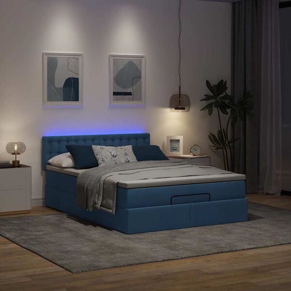 vidaXL Ottoman s&auml;ng med madrass och LED-lampor bl&aring; 140x190 cm tyg