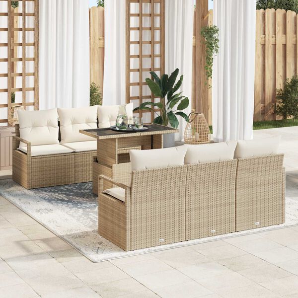 vidaXL Tr&auml;dg&aring;rdsoffset med kudde med lagring 7 pcs Beige Poly rattan