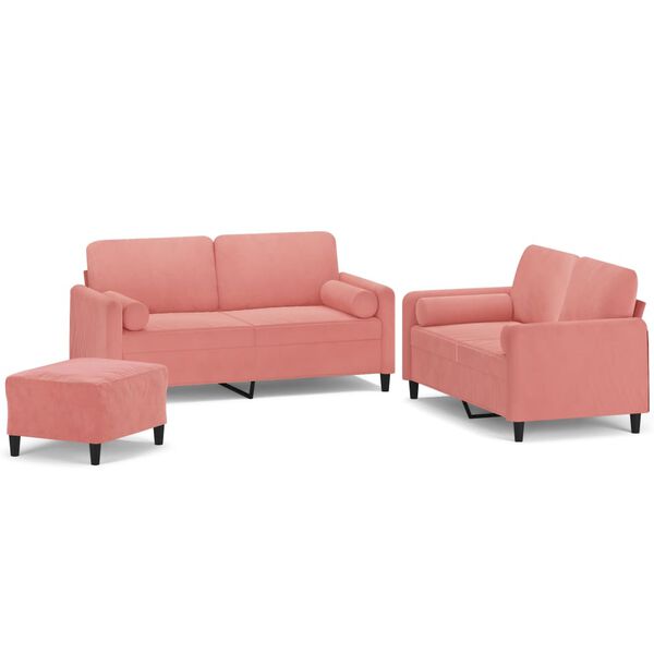 vidaXL Soffgrupp med prydnadskuddar & dynor 3 delar rosa sammet