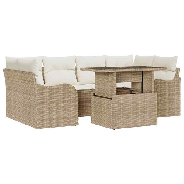 vidaXL Tr&auml;dg&aring;rdsoffset med kudde med lagring 7 pcs Beige Poly Rattan