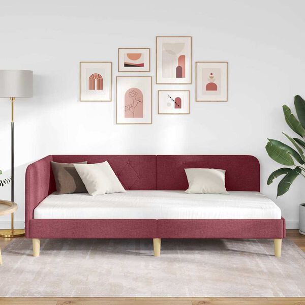 vidaXL Hörn Sängram med huvudgavel Vinröd 90 x 190 cm tyg