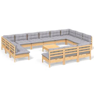 vidaXL Loungegrupp med gr&aring; dynor 14 delar massiv furu