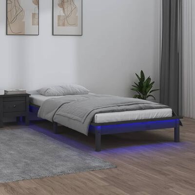 vidaXL Sängram med LED 90x200 cm massivt trä grå