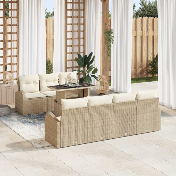 vidaXL Tr&auml;dg&aring;rdsoffset med kudde med lagring 8 pcs Beige Poly Rattan