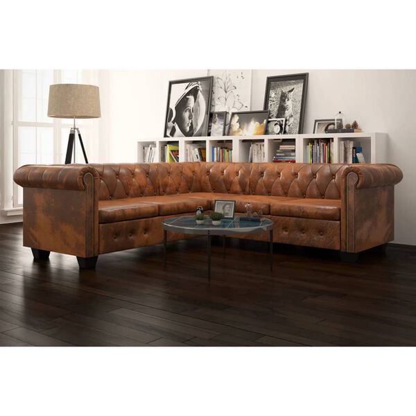 vidaXL Chesterfield 5-sitssoffa konstl&auml;der brun