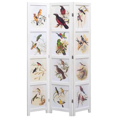 vidaXL Rumsavdelare 3 paneler vit 105x165 cm fåglar