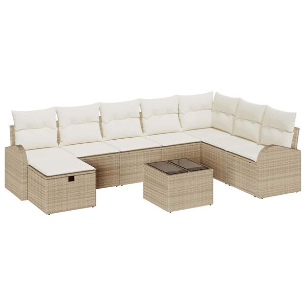 vidaXL Tr&auml;dg&aring;rdsoffset med kudde med lagring 9 pcs Beige Poly rattan