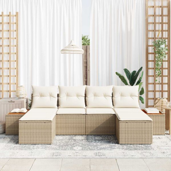 vidaXL Tr&auml;dg&aring;rdsoffset 6 pcs Beige och gr&auml;ddf&auml;rgad Poly Rattan