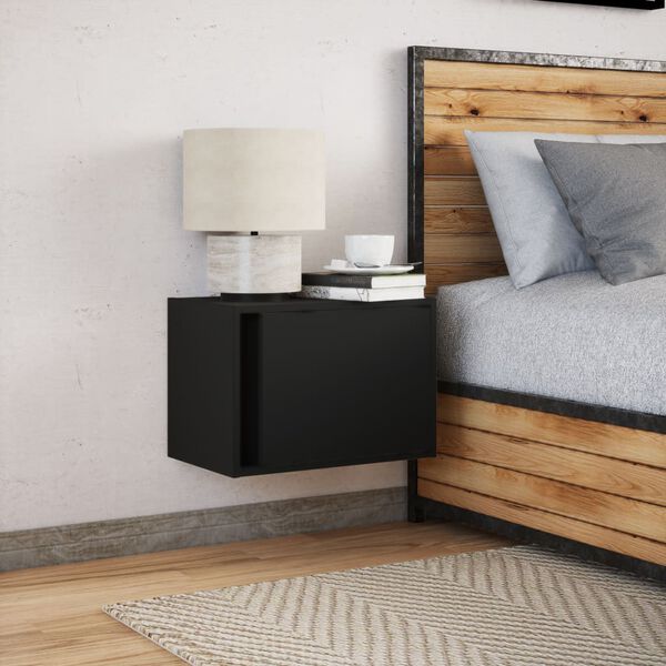 vidaXL Väggmonterat sängbord med LED-lampor svart