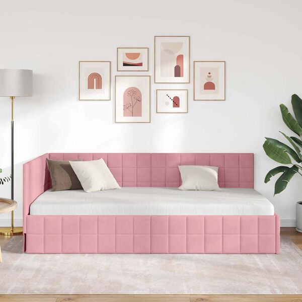 vidaXL Hörn Sängram med huvudgavel Rosa 90 cm x 200 cm Sammet