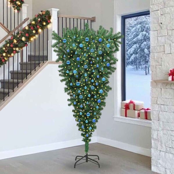 vidaXL Upp-och-ned konstgjord f&ouml;rbelyst julgran med kulset Gr&ouml;n 240 cm