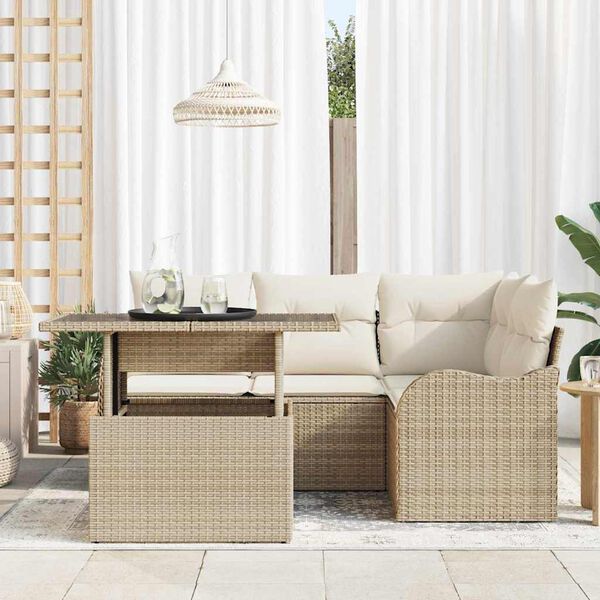 vidaXL Tr&auml;dg&aring;rdsoffset med kudde med kudde 5 pcs Beige Poly Rattan