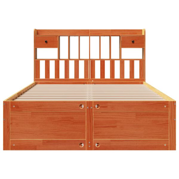 vidaXL S&auml;ng med bokhylla utan madrass vaxbrun 140x190cm massiv furu