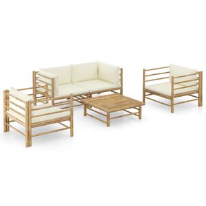 vidaXL Loungegrupp f&ouml;r tr&auml;dg&aring;rden med gr&auml;ddvita dynor 5 delar bambu