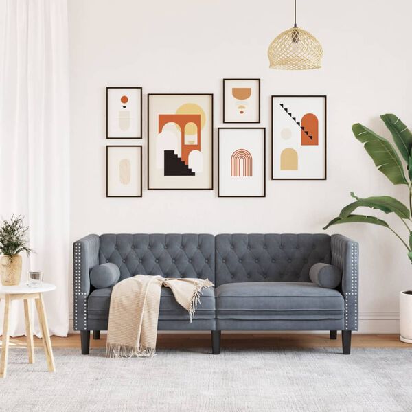 vidaXL Chesterfieldsoffa med bolsterkuddar 2-sits m&ouml;rkgr&aring; sammet