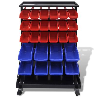 Blå & röd förvaringshylla för garageverktyg med hjul