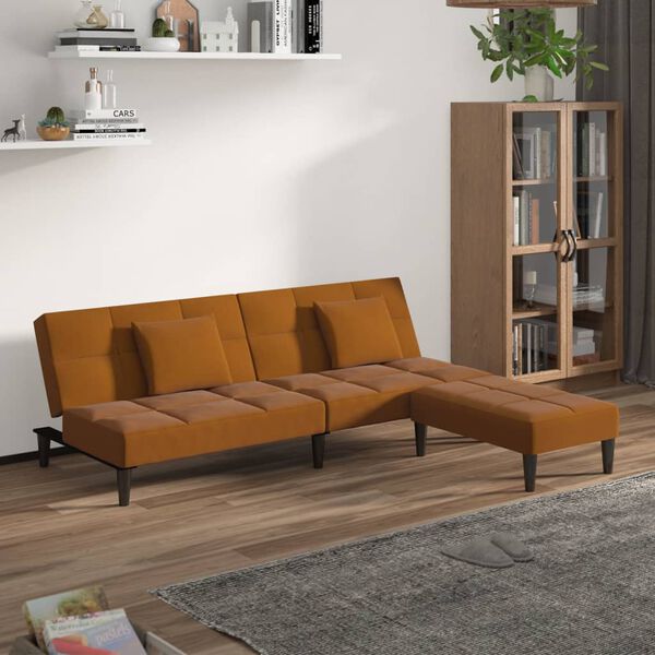 vidaXL B&auml;ddsoffa 2-sits med tv&aring; kuddar och fotpall brun sammet