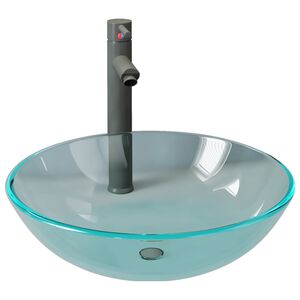 vidaXL Handfat med kran och tryckavlopp klart h&auml;rdat glas